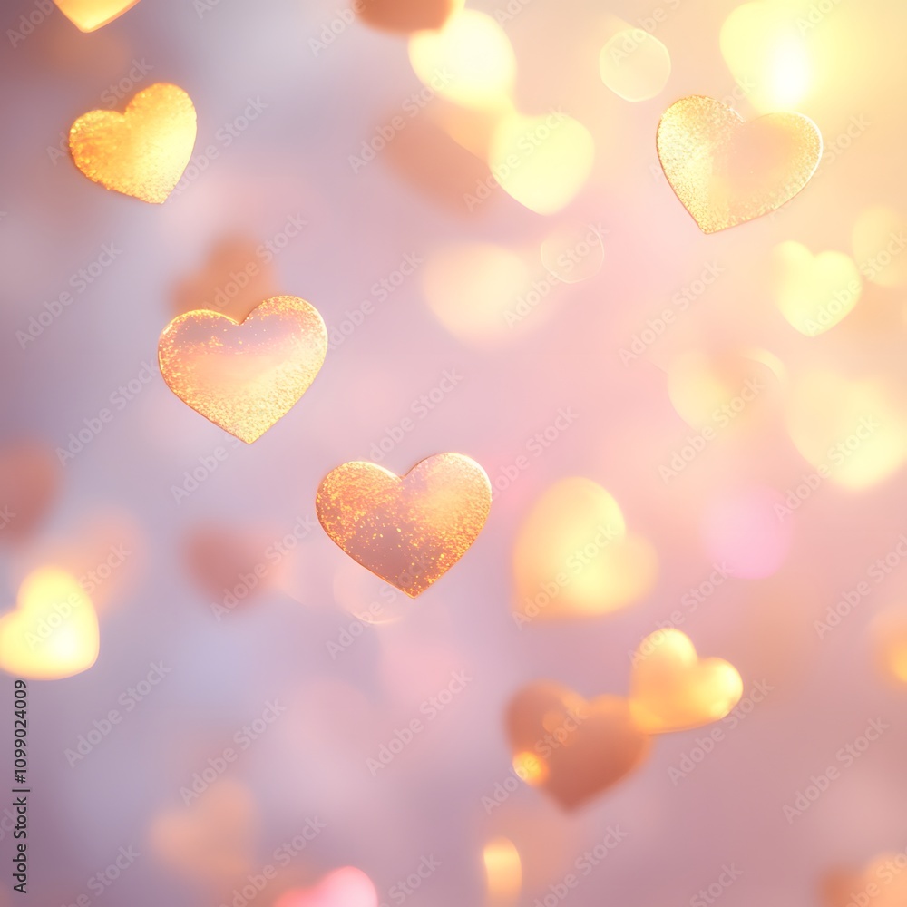 Poster a soft-focus background with golden bokeh and delicate pink hearts, leaving a large open space in th