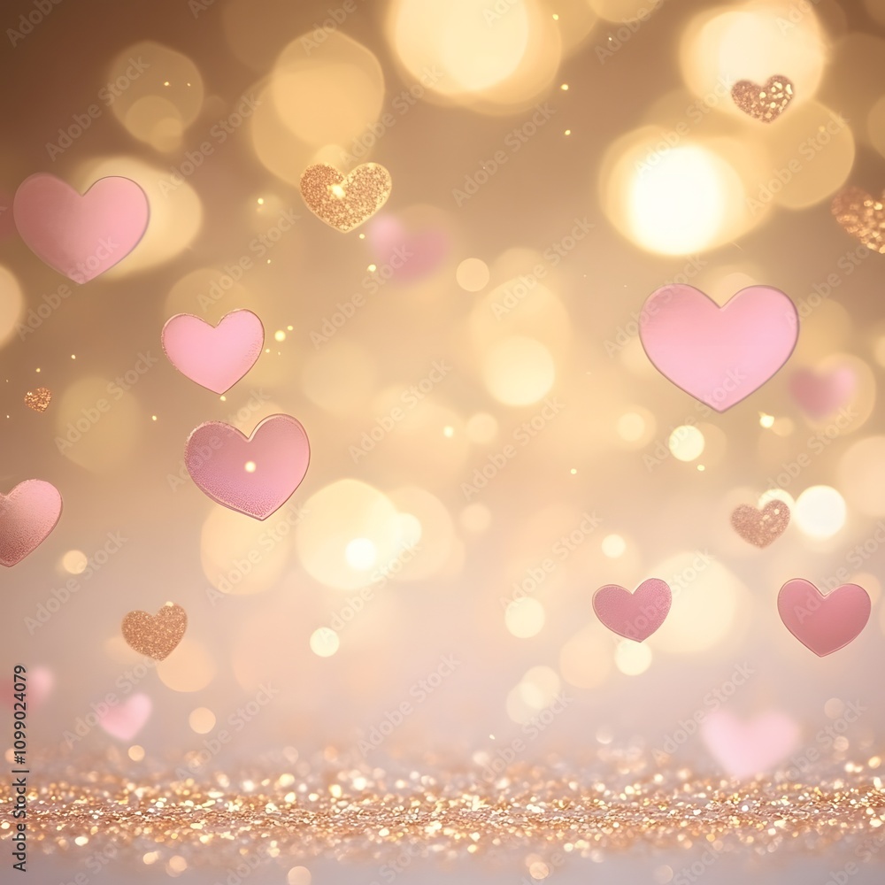 Poster a soft-focus background with golden bokeh and delicate pink hearts, leaving a large open space in th