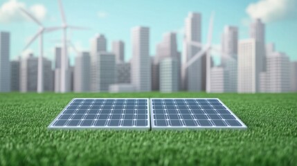 Fototapeta premium Modern Solar Panels on Green Grass With a City Skyline and Wind Turbines in the Background, Representing Clean Energy and Sustainable Development