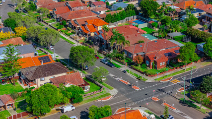 Panorama aerial drone view of western Sydney Suburbs of Canterbury Burwood Ashfield Marrickville...