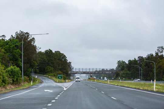 Divided highway on east coast of Australian in overcast rainy weather