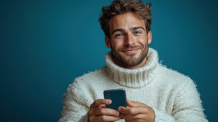 Fototapeta premium A smiling man in a cozy sweater holds a smartphone against a blue background.
