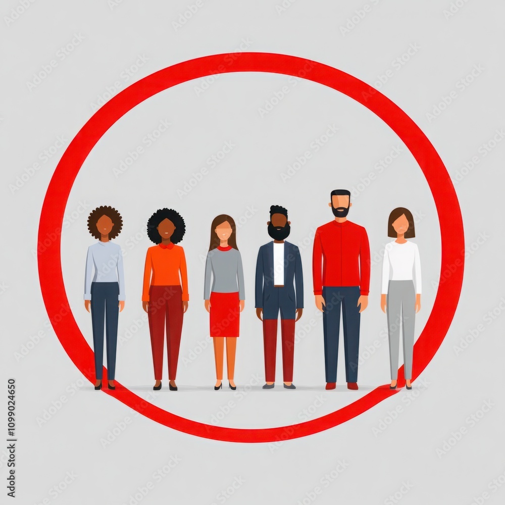 Poster diverse group of individuals standing together inside a circle on a soft background, representing un