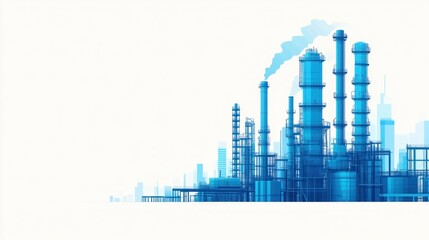 Fototapeta premium Abstract Representation of a Modern Industrial Complex with Detailed Infrastructure, Towers, and Emission Smoke in a Blue Color Palette Against a Light Background