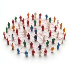 Abstract representation of a social network displaying colorful miniature figures interconnected by red lines symbolizing relationships and communication in a digital age.