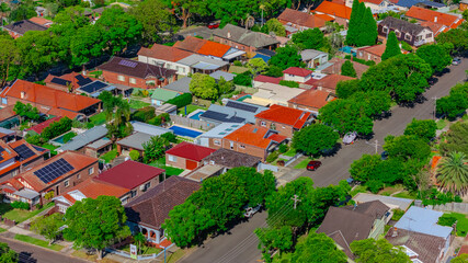 Panorama aerial drone view of western Sydney Suburbs of Canterbury Burwood Ashfield Marrickville...
