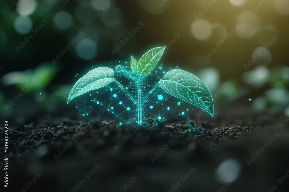 Poster a single green sprout growing from dark soil with a glowing blue and white geometric design surround