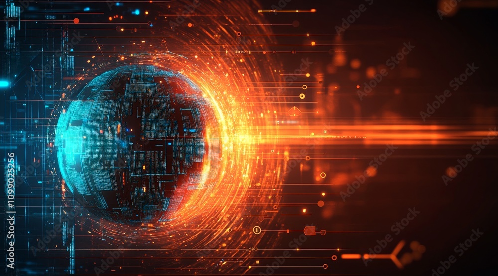Poster abstract digital sphere glowing with orange and blue light surrounded by glowing lines on black back