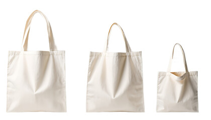 set of White Cotton eco bags in different sizes, tote bag mockup Each one has a blank space, isolated on a transparent or white background, front view