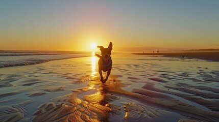Fototapeta premium Dog with a bandana running on the beach at sunset, highlighting freedom and fun