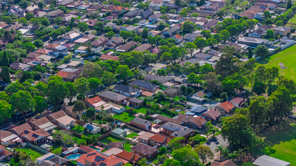 Panorama aerial drone view of western Sydney Suburbs of Canterbury Burwood Ashfield Marrickville...