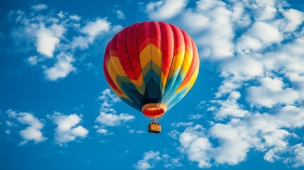 Obraz premium Colorful hot air balloon soaring through a vibrant blue sky dotted with fluffy white clouds.
