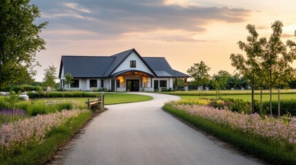 Fototapeta premium Serene Farmhouse with Beautiful Landscaping at Sunset
