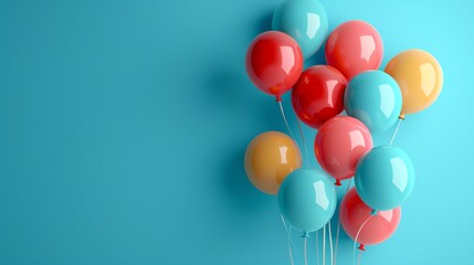 A cluster of colorful balloons on a blue background.