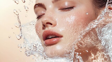 Fototapeta premium A close-up of radiant skin with a refreshing splash of crystal-clear water, droplets caught mid-air, symbolizing rejuvenation and purity.