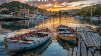 Obraz premium Two small wooden boats are moored at a wooden pier, with a picturesque harbor village in the background, all bathed in the warm glow of a sunset.