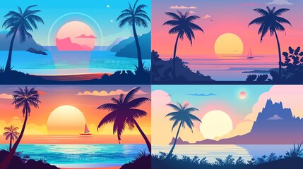 Obraz premium Four cartoon illustrations of tropical sunsets with palm trees.