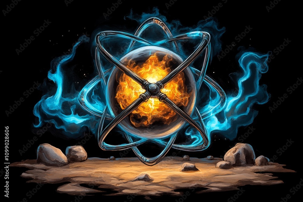 Poster a gothic-style depiction of an atom as a glowing orb surrounded by dark, swirling shadows and intric