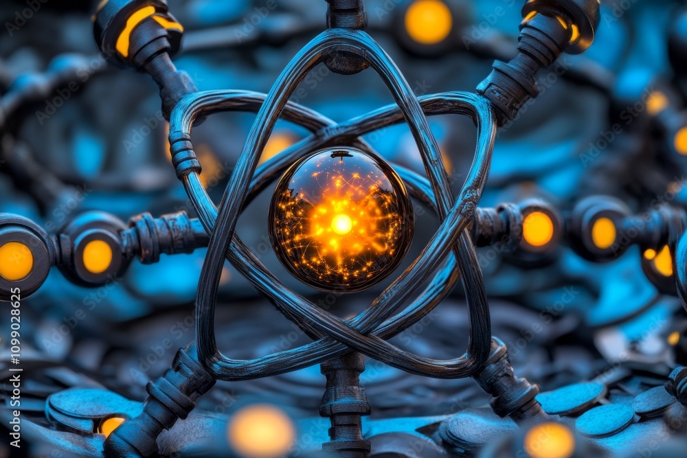 Poster a gothic-style depiction of an atom as a glowing orb surrounded by dark, swirling shadows and intric