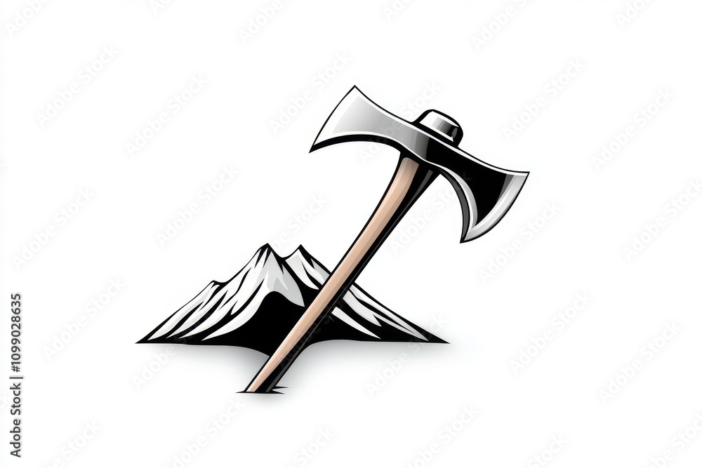 Poster A bold minimalist design of an axe pick embedded in a mountain icon, with sharp contrasts of black and white