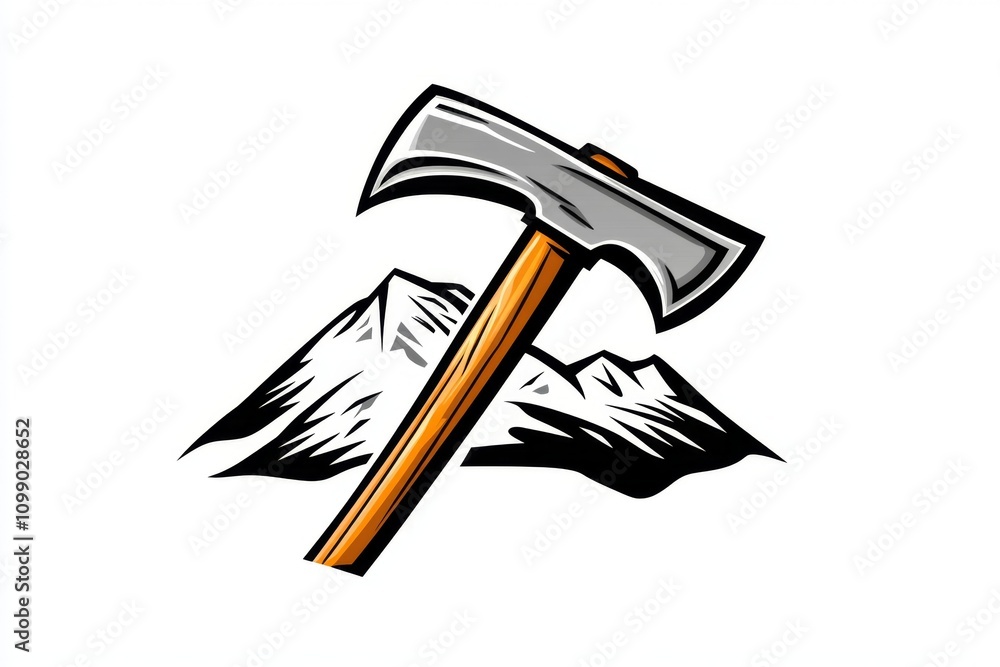 Poster A bold minimalist design of an axe pick embedded in a mountain icon, with sharp contrasts of black and white