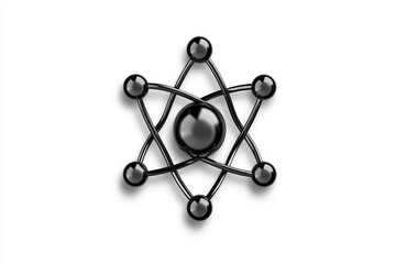 A black-and-white line art of an atom with symmetrical orbits, emphasizing simplicity and balance