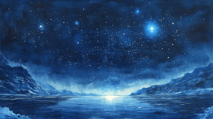 Obraz premium Above, the sky is a deepening shade of blue, dotted with stars and the soft glow of the moon.