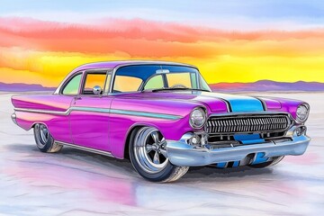 A classic automotive car rendered in watercolor tones, parked under a soft pastel sunset with glowing reflections