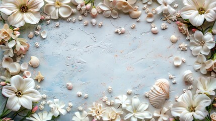 Fototapeta premium A flat lay of white flowers and seashells with a blue textured background.