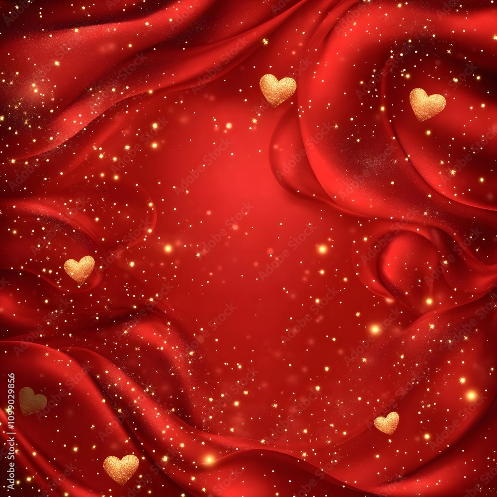 Poster a luxurious satin red background with subtle heart patterns, golden sparkles, and a large empty spac