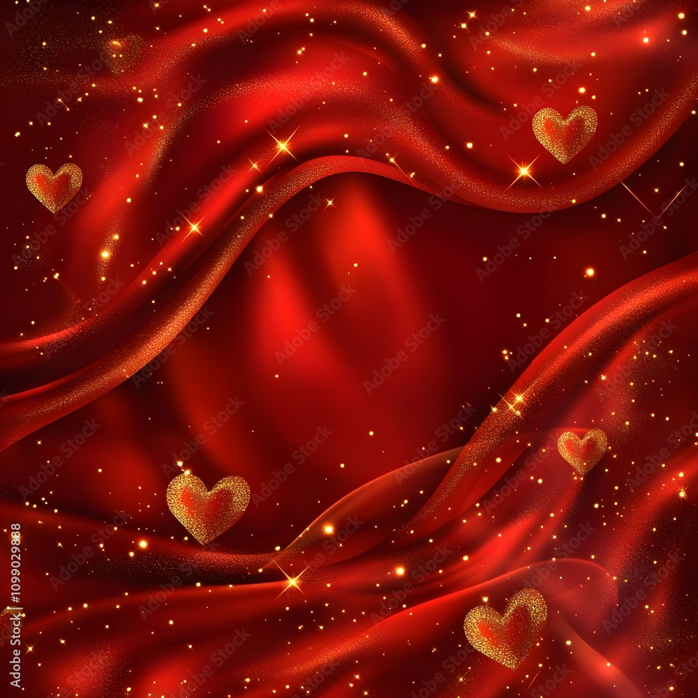 Poster a luxurious satin red background with subtle heart patterns, golden sparkles, and a large empty spac