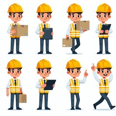 Cartoon illustration of a construction worker in work clothes in different poses