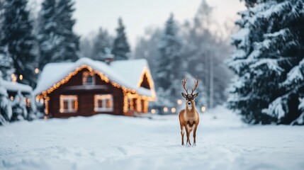 Peaceful Winter Scene of a Majestic Deer in Front of a Cozy Cabin Surrounded by Snow-Covered Trees and Twinkling Holiday Lights at Dusk