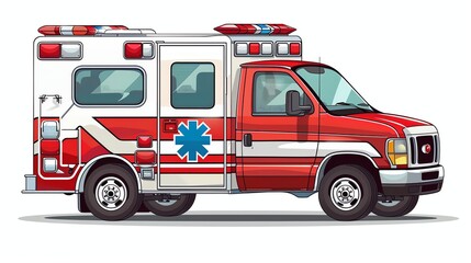 A red and white ambulance with a blue star of life logo.