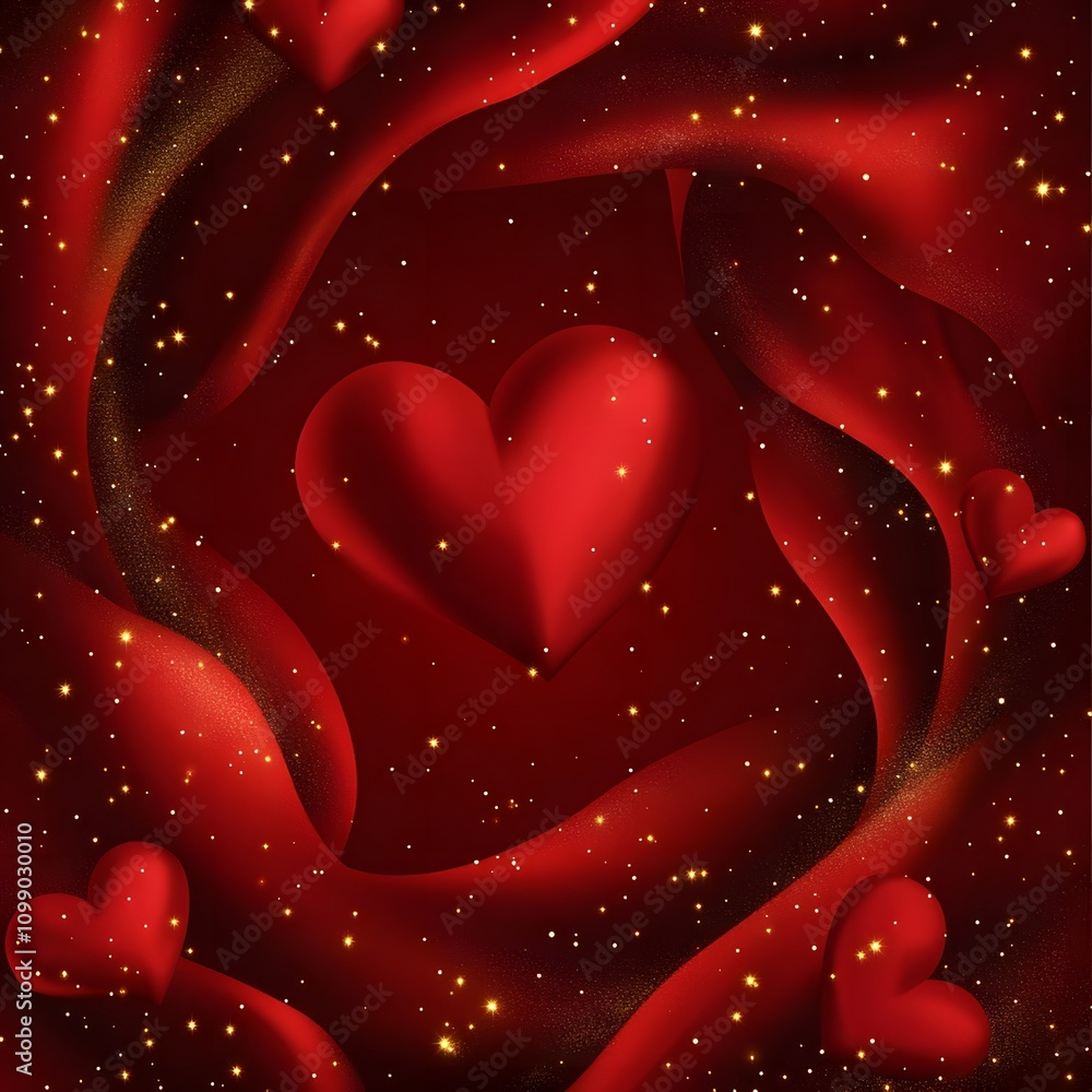 Poster a luxurious satin red background with subtle heart patterns, golden sparkles, and a large empty spac