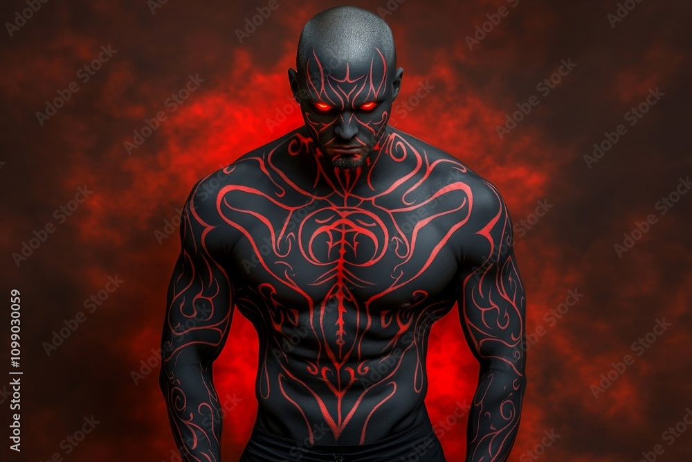 Poster a dark gothic avatar shrouded in swirling shadows, with glowing red eyes and intricate patterns of l