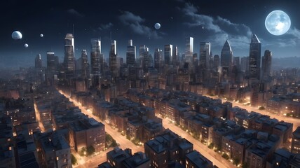 Obraz premium NYC skyline at night, a breathtaking urban panorama with towering skyscrapers illuminated against the dusky sky
