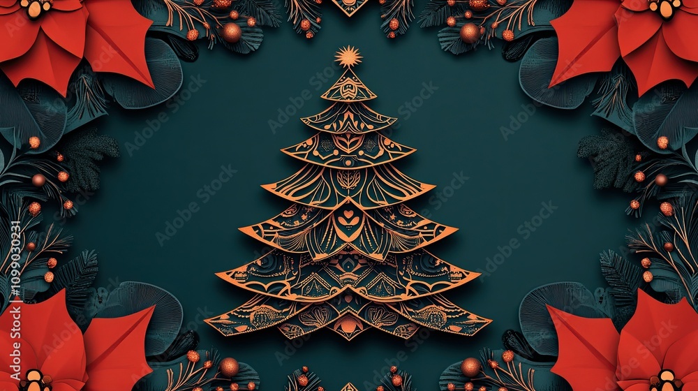 Poster abstract geometric christmas tree frame with intricate patterns