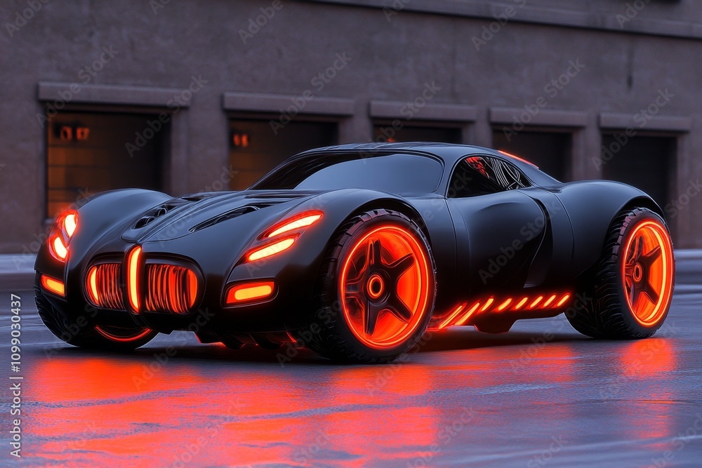 Poster a detailed 3d rendering of an automotive concept car, with dynamic lighting highlighting its futuris