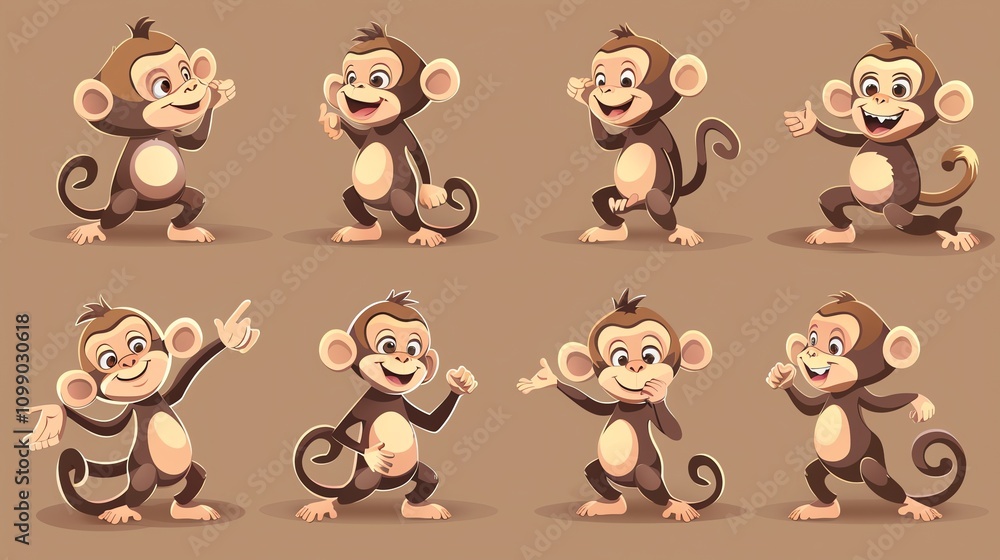 Poster a set of eight cartoon monkeys in different poses and expressions.