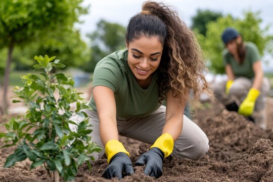 A diverse group of volunteers planting trees together in a community park