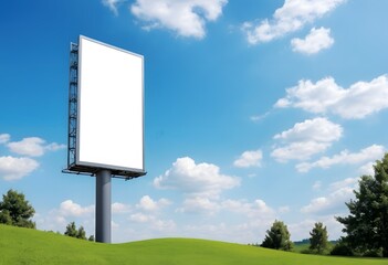 Blank billboard displaying your advertisement on green hill under blue sky