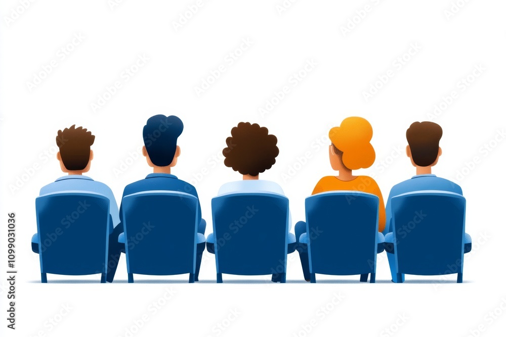 Poster a flat design 2d illustration of an audience at a theater, drawn with simplified shapes and bright c