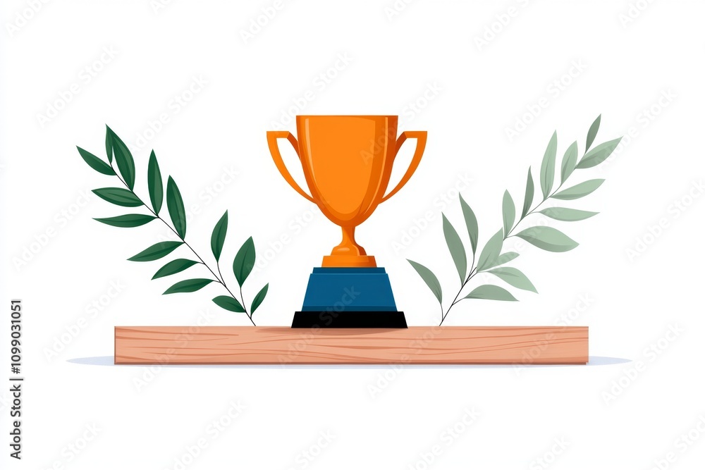 Poster a flat design illustration of a trophy table, spotlighted on a clean white background with simple de