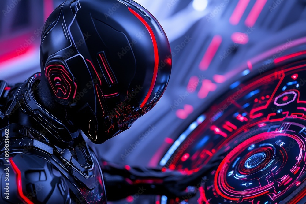 Poster A futuristic avatar dressed in a high-tech suit, controlling a holographic interface in a neon-lit control room