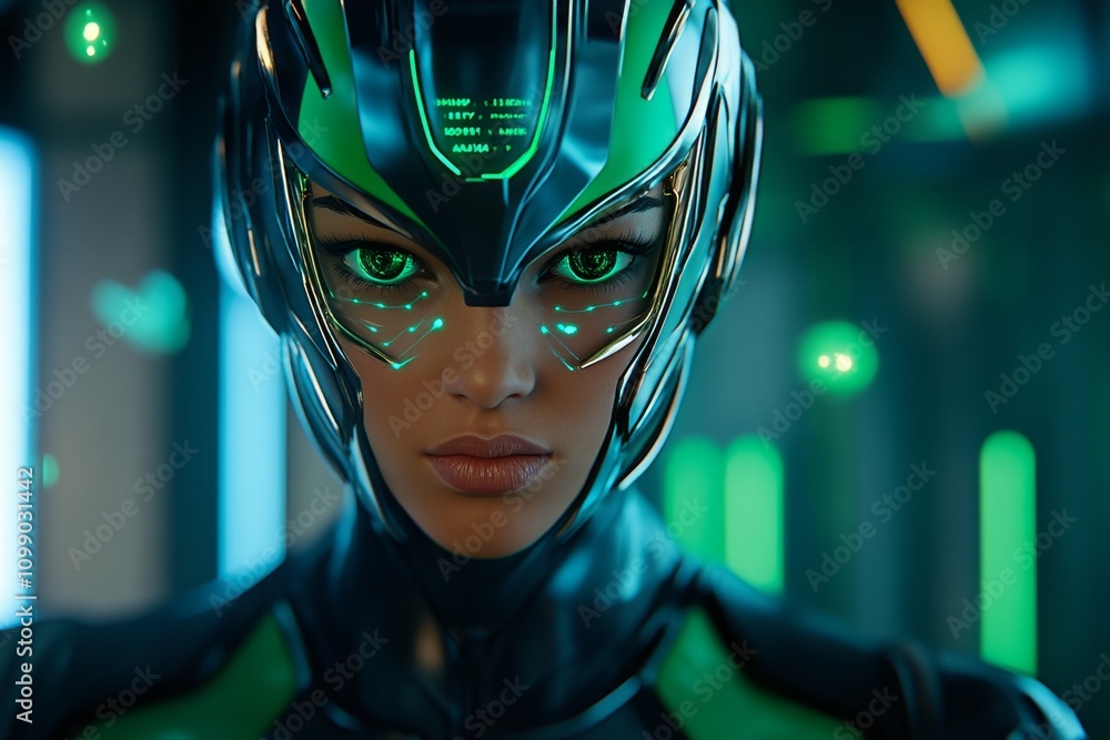 Poster a futuristic avatar with chrome-plated skin, holographic eyes, and a glowing neural interface surrou