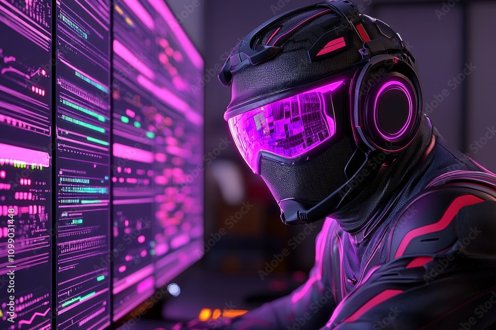 Poster A futuristic avatar dressed in a high-tech suit, controlling a holographic interface in a neon-lit control room