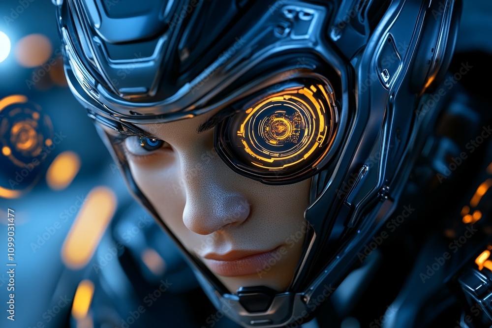 Poster a futuristic avatar with chrome-plated skin, holographic eyes, and a glowing neural interface surrou