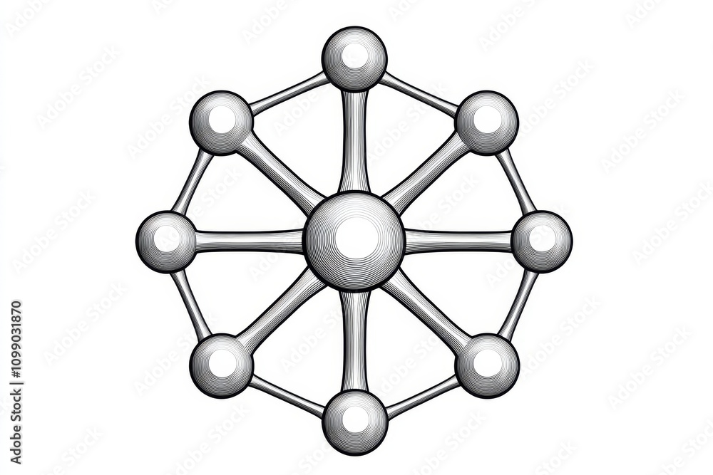 Poster a geometric design of interconnected atoms forming a molecule, drawn with sharp, clean lines