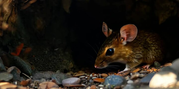 Playful mouse peeking out from a cozy burrow, soft focus background 4K . Video